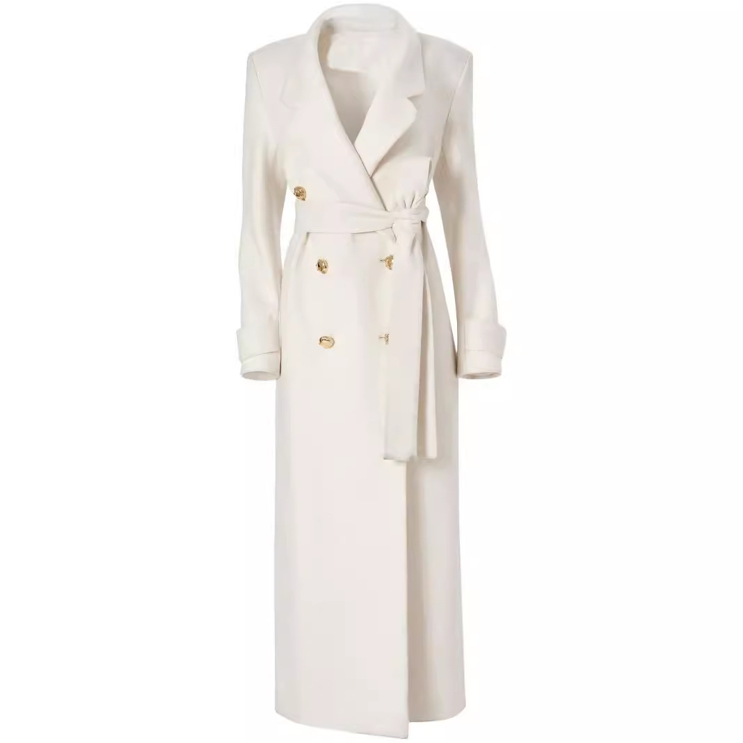 Elegant Double Breasted Lace Up Slim Fit Extended Women's White Back Slit Overcoat Coat - Image 4