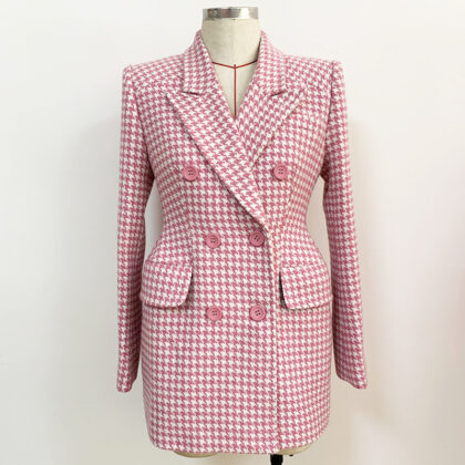 Pink Houndstooth Wool Coat Retro Double-breasted
