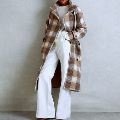 Women's Contrast Color Plaid Coat Waist-tied Coat