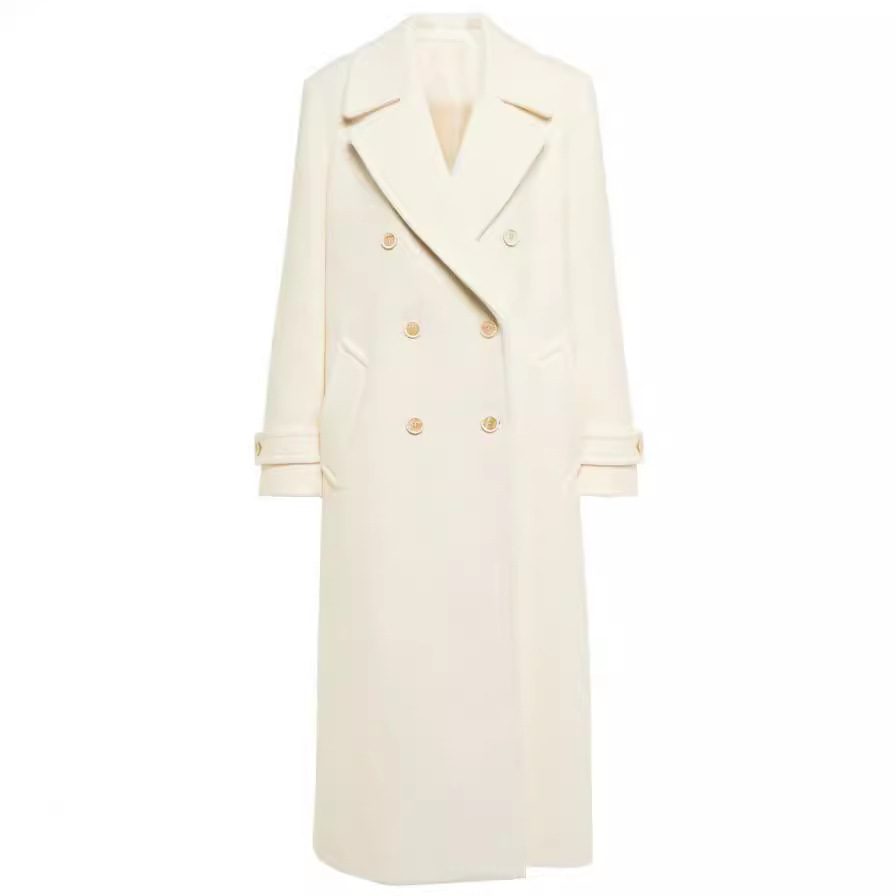 Lapel Double Breasted Elegant Mid-length Women's White Coat Elegant Overcoat — изображение 5