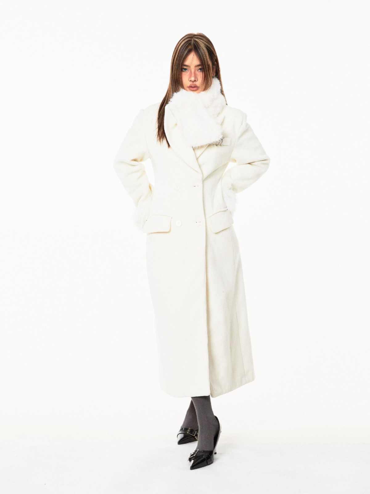 Waist-tight Woolen Fur Collar Quilted Long Overcoat Outerwear - Image 3