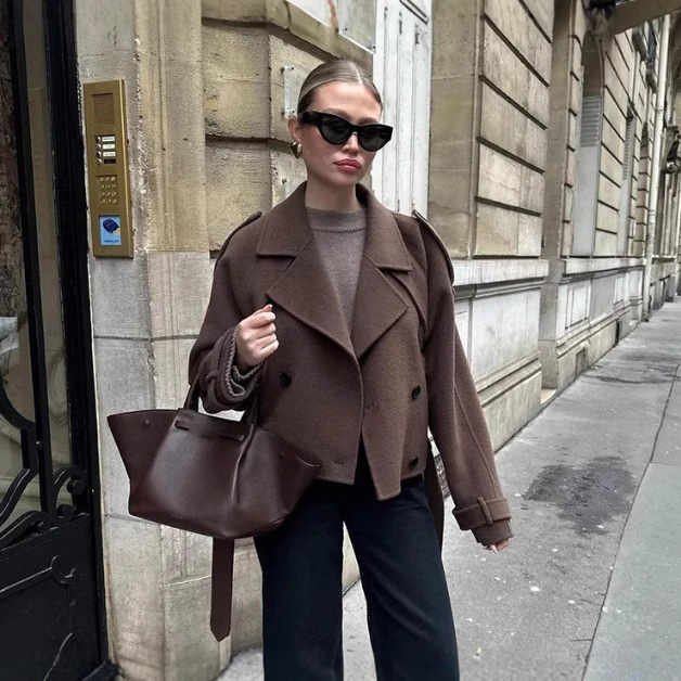 Loose Double Buckle Lapel Long Overcoat Outerwear — изображение 4