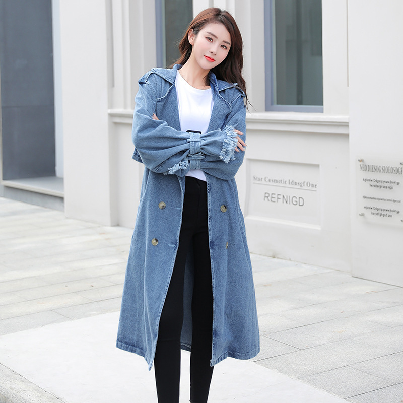 Loose Mid-length Coat With Belt Double Breasted Denim Women's Windbreaker - Image 5