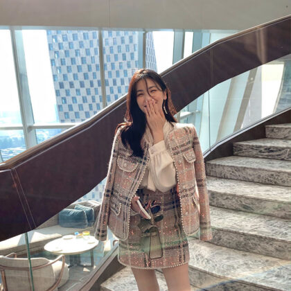 Casual Fashion Temperament Ladies Plaid Two Piece Suit