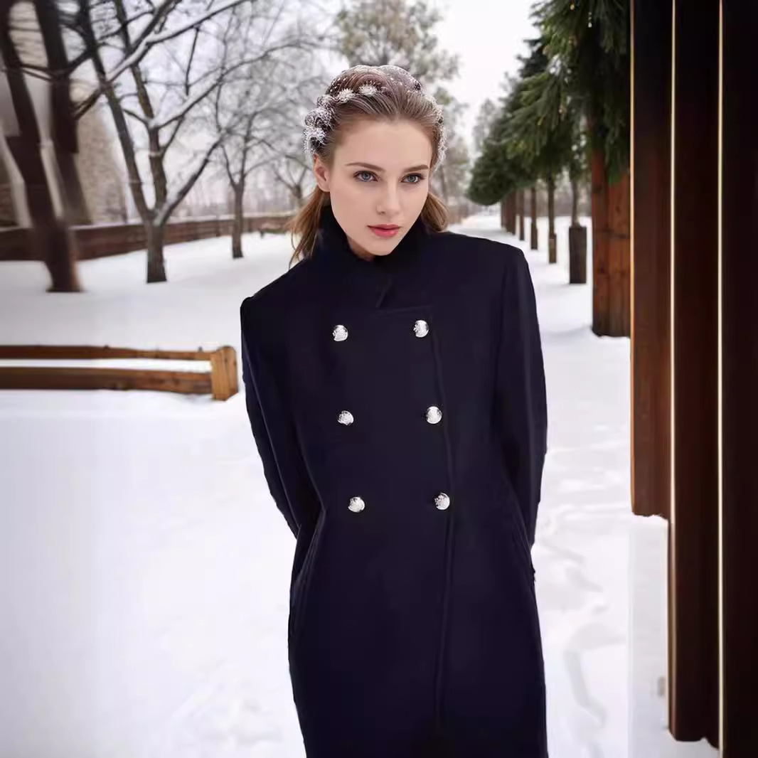 Solid Color Slim Women Woolen Coat Outerwear - Image 2