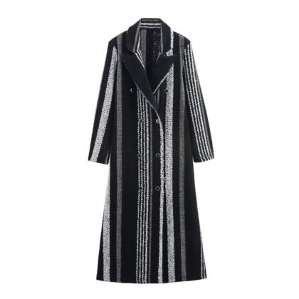 European And American Style French Style Women's Elegant Black And White Striped Woolen Coat