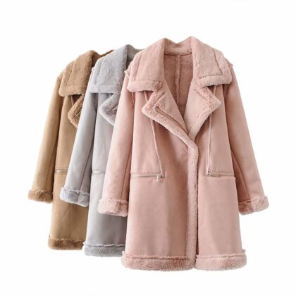 Women's Winter Suede Leather Jacket Motorcycle WomenThicken Lambswool Fur Long Leather Coat Female  Warm Outerwear Womens