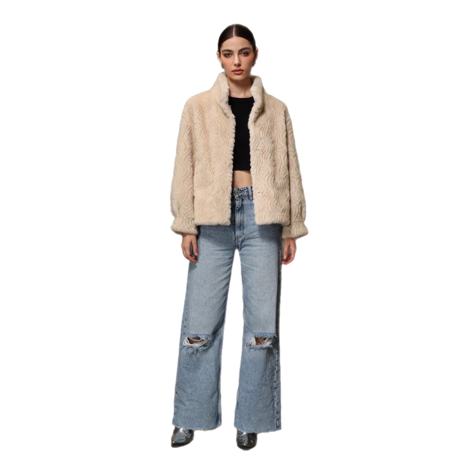 Women's Solid Color High Neck Long Sleeved Thick Coat - Image 5