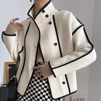 Contrasting Hem Stand Collar Cropped Coat