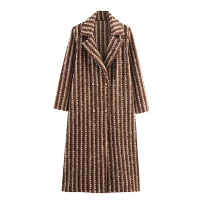 Autumn And Winter Women's British Style Woolen Striped Wide Coat