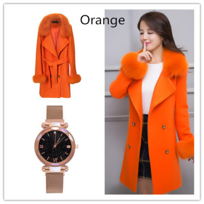Ladies Waist Woolen Coat Solid Color Mid-length Woolen Coat Starry Sky Watch Set