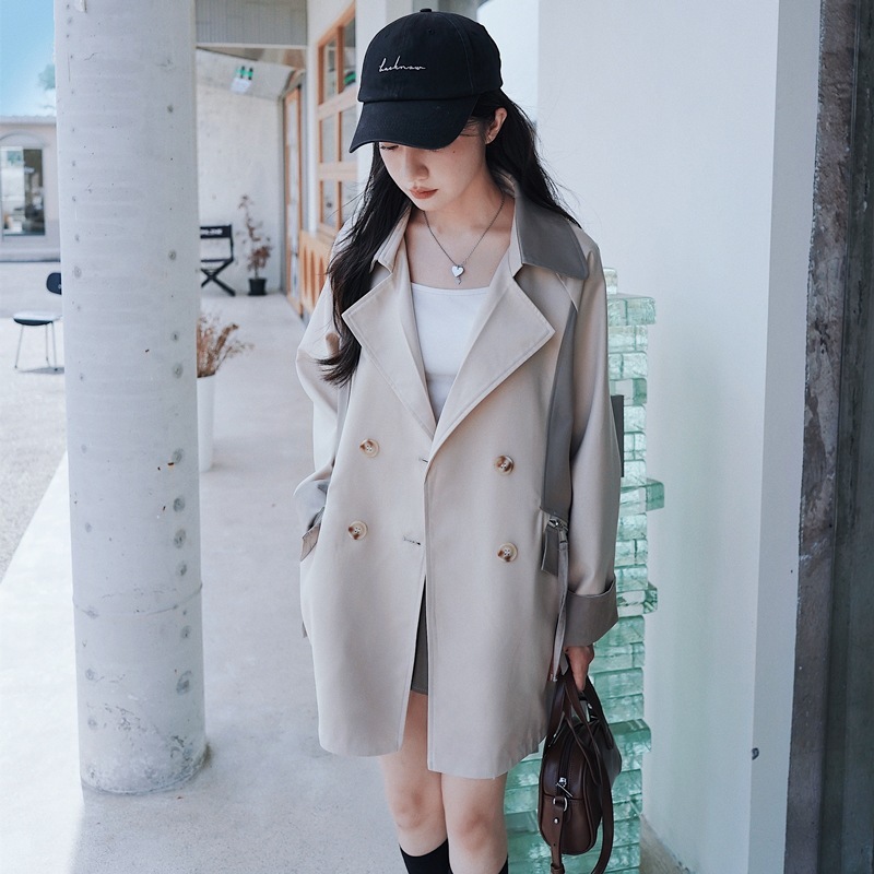 Loose Contrast Color Casual Creamy-white Short Trench Coat - Image 4