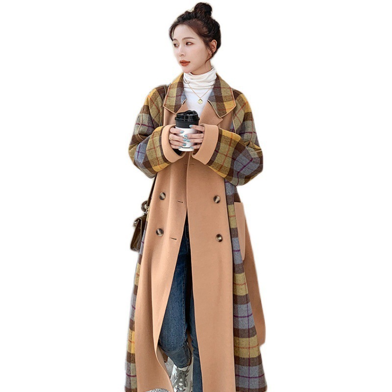 Women's Color Matching Plaid Suit Collar Waist Double-sided Woolen Coat - Image 5