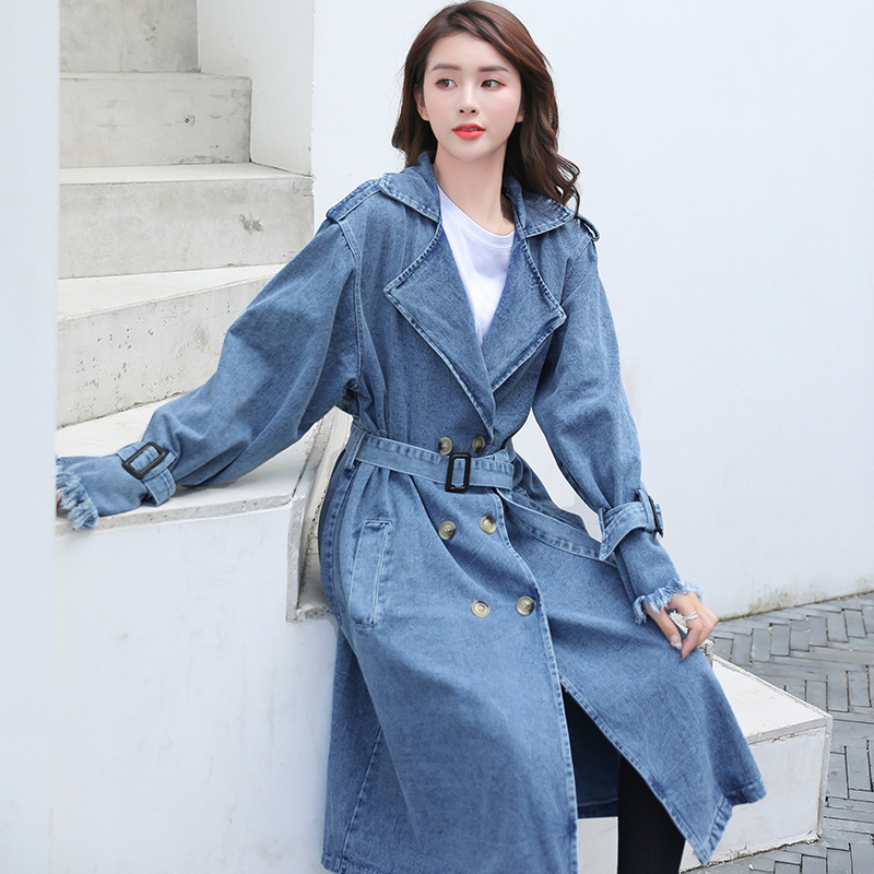 Loose Mid-length Coat With Belt Double Breasted Denim Women's Windbreaker