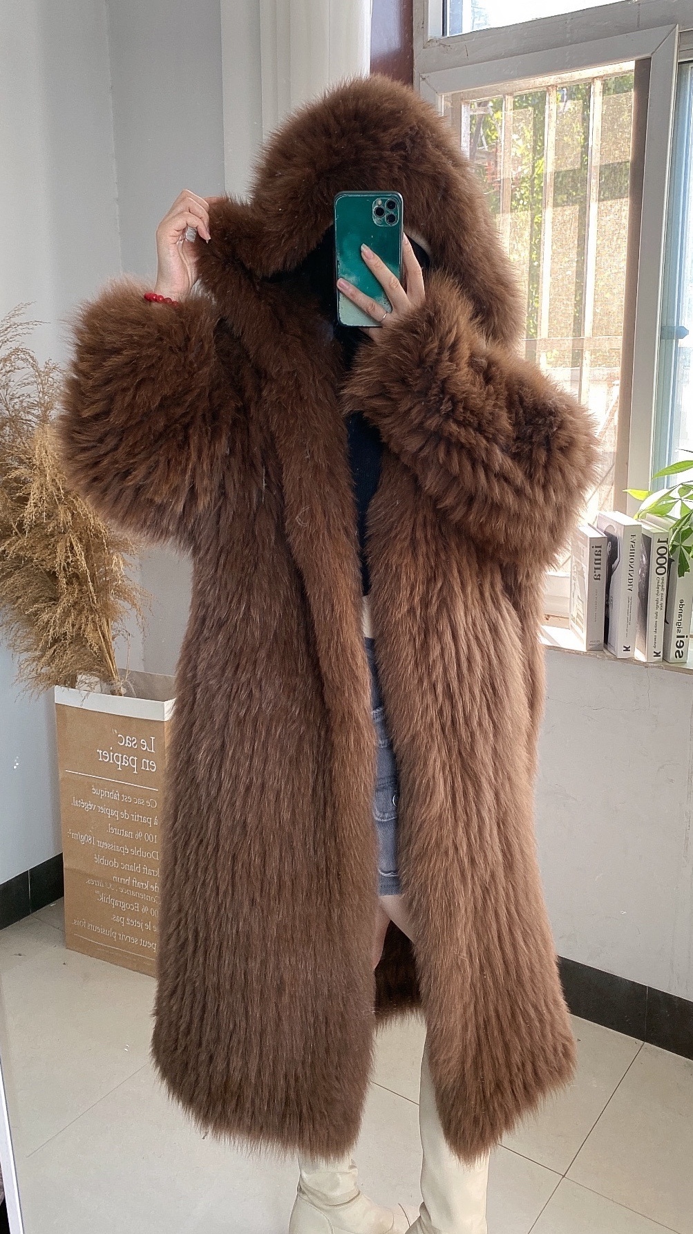 Gray Braided Fox Fur Hooded Loose Over The Knee Fur Coat - Image 6