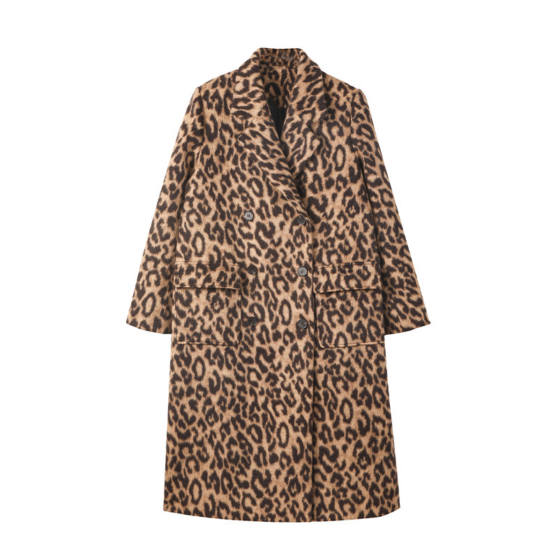 Women's Long Winter Leopard Print Woolen Coat - Image 5