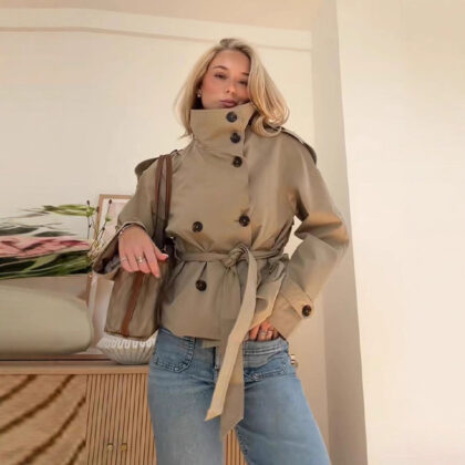 Retro Lapels Design Double Breasted Lace Up All-match Long Sleeve Short Trench Coat