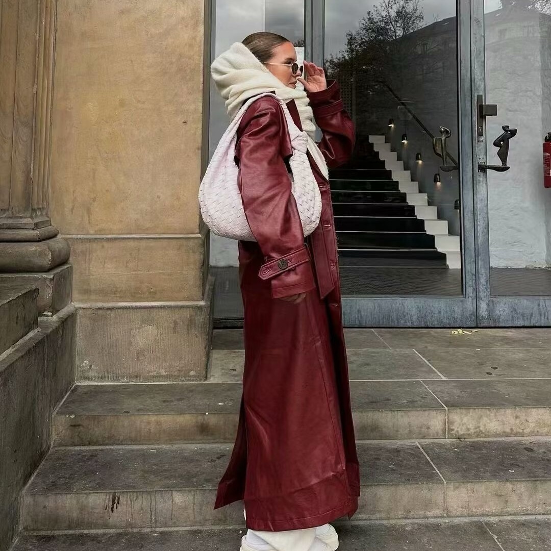 Women's Loose Fashion Long Leather Trench Coat - Image 3