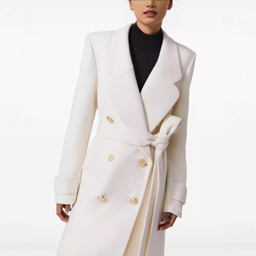Elegant Double Breasted Lace Up Slim Fit Extended Women's White Back Slit Overcoat Coat - Image 3