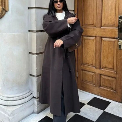 Retro Solid Stand Collar Long Tweed Coat Women