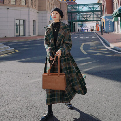 Women's Autumn And Winter New Temperament Long Woolen Plaid Coat Jacket