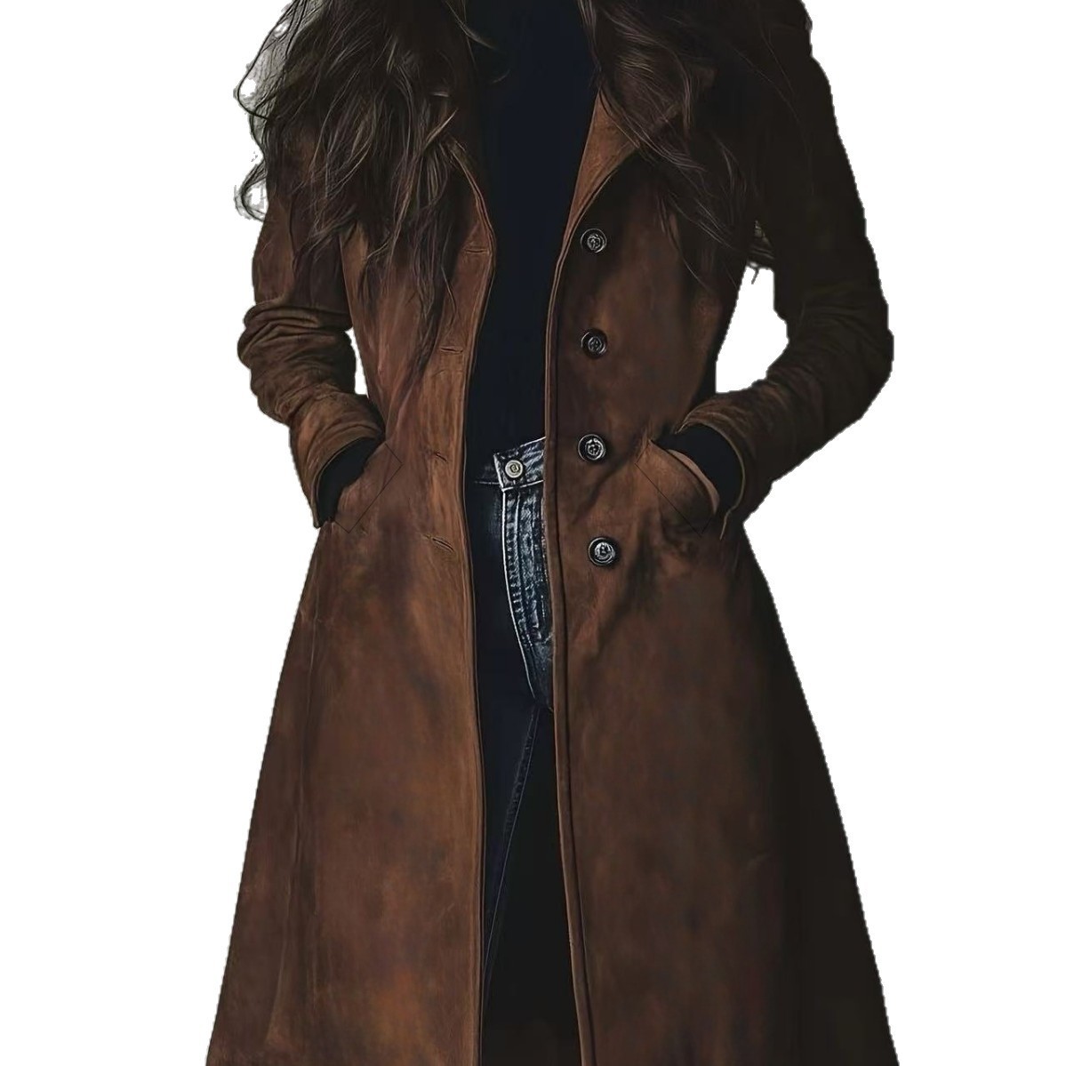 Women's Lapel Suede Long Trench Coat - Image 2