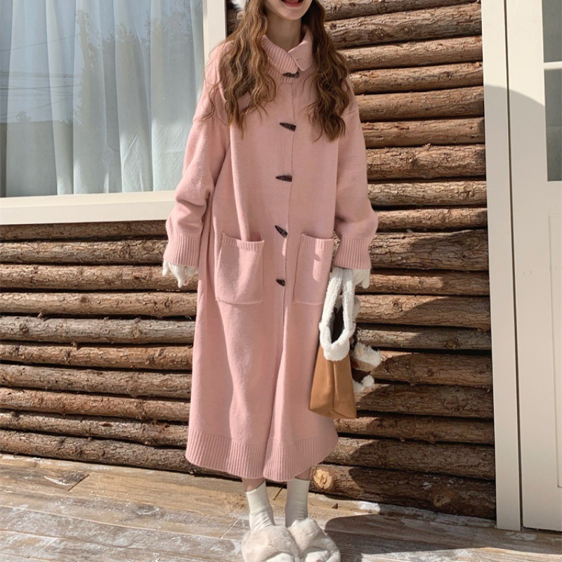 Horn Button Sweater Cardigan Women's Mid-length Turn-down Collar Coat - Image 7