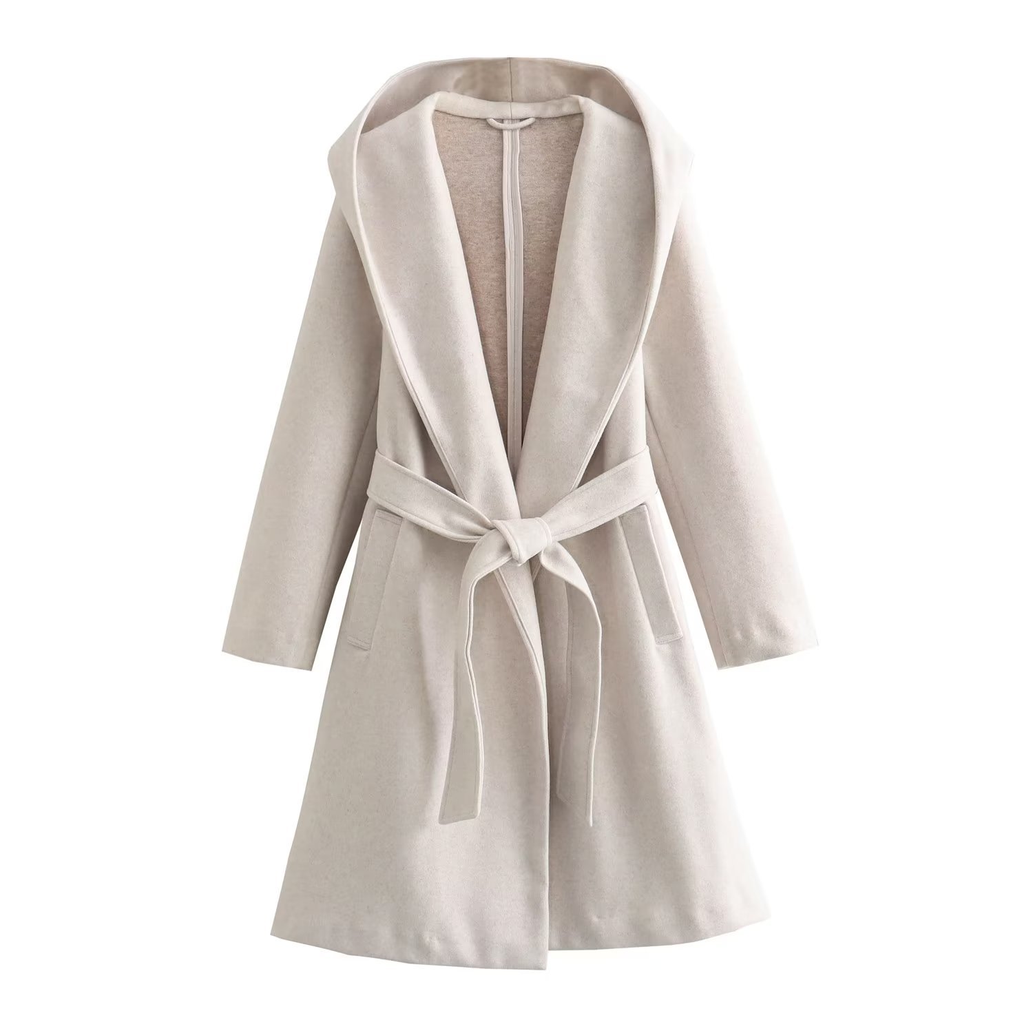 Women's Lace-up Waist Elegant Hooded Woolen Coat - Image 5