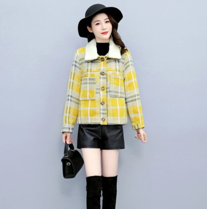 Women's Temperament Tweed And Velvet Thick Plaid Jacket