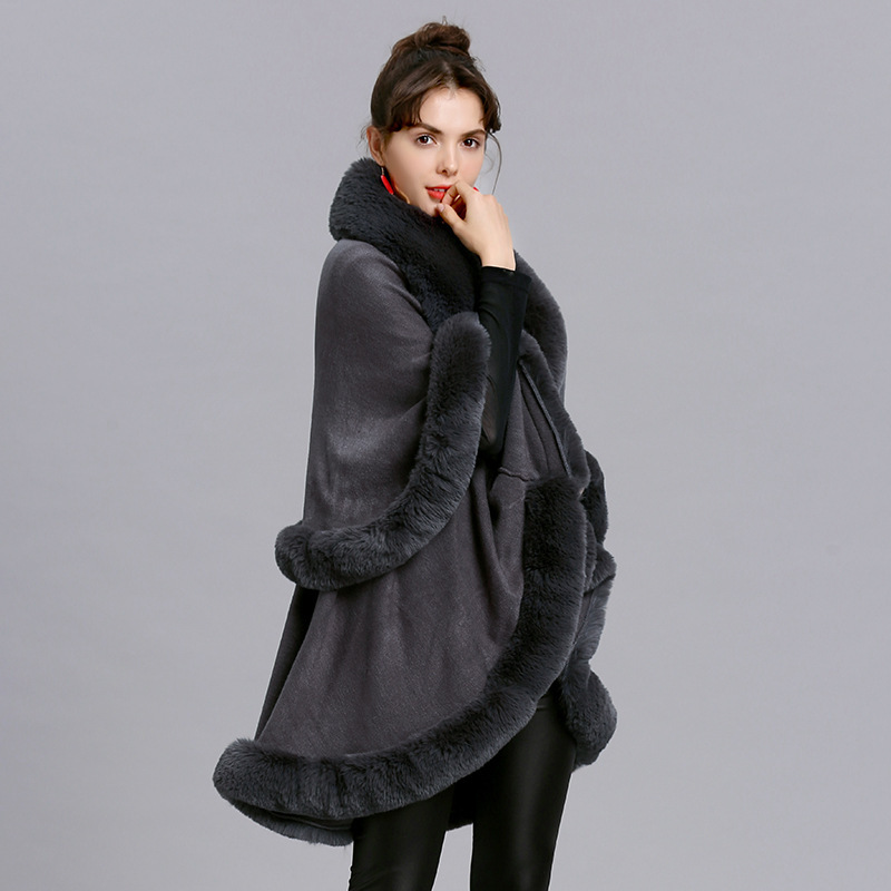 Fur Shawl And Fur Collar Knitted Cardigan Shawl Cloak - Image 4