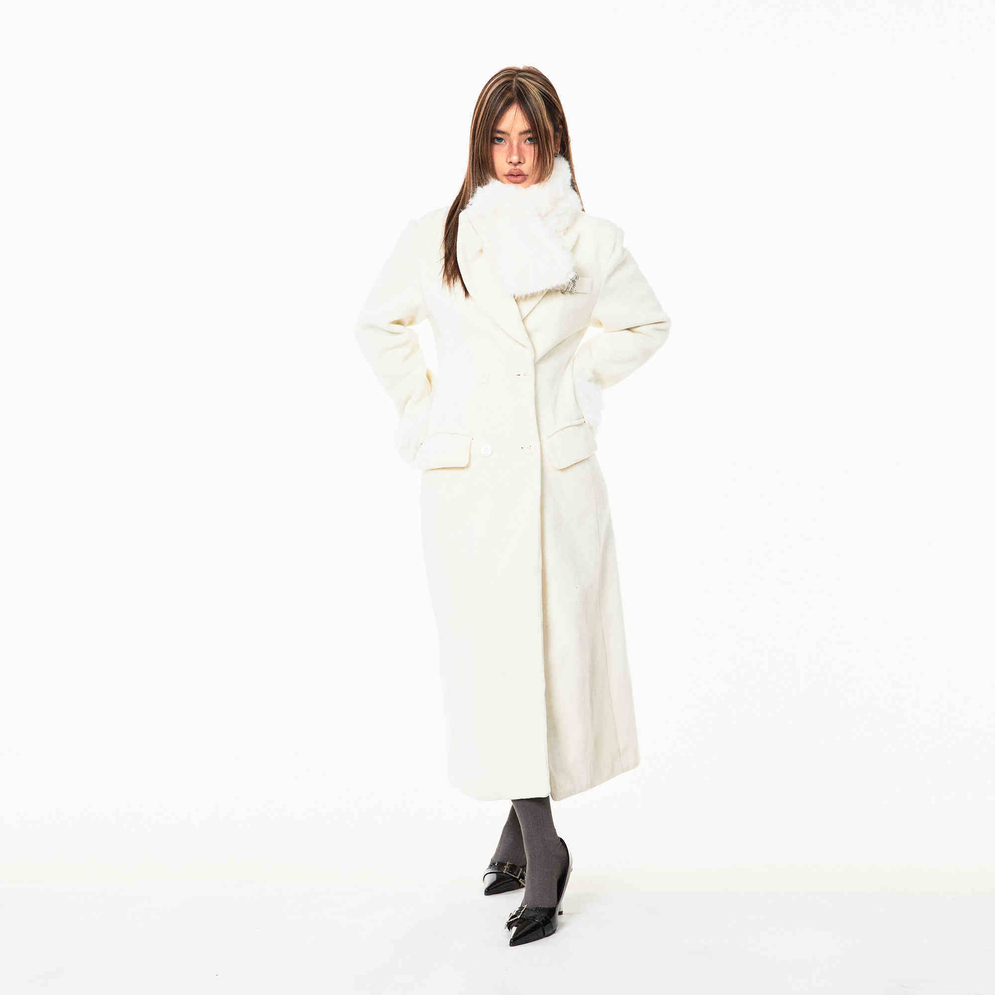 Waist-tight Woolen Fur Collar Quilted Long Overcoat Outerwear - Image 2
