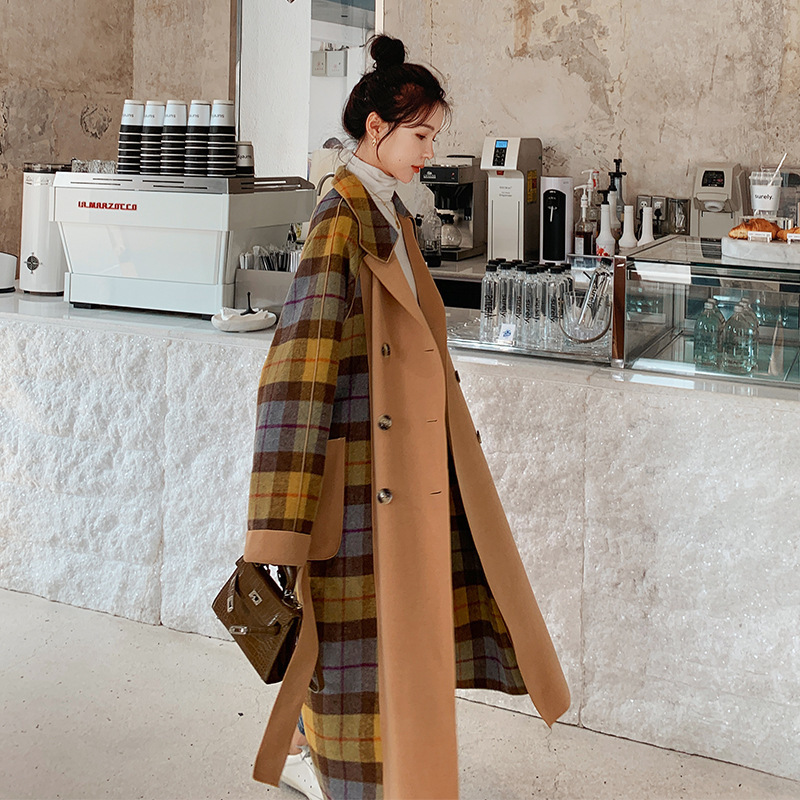 Women's Color Matching Plaid Suit Collar Waist Double-sided Woolen Coat - Image 2