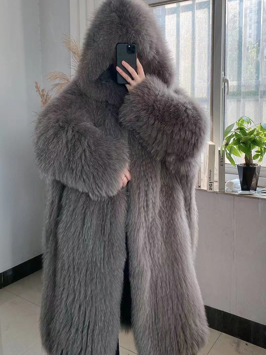 Gray Braided Fox Fur Hooded Loose Over The Knee Fur Coat - Image 3