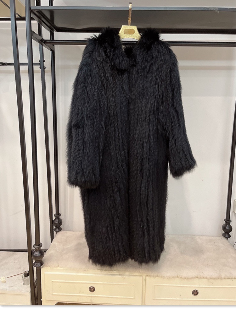 Gray Braided Fox Fur Hooded Loose Over The Knee Fur Coat - Image 2