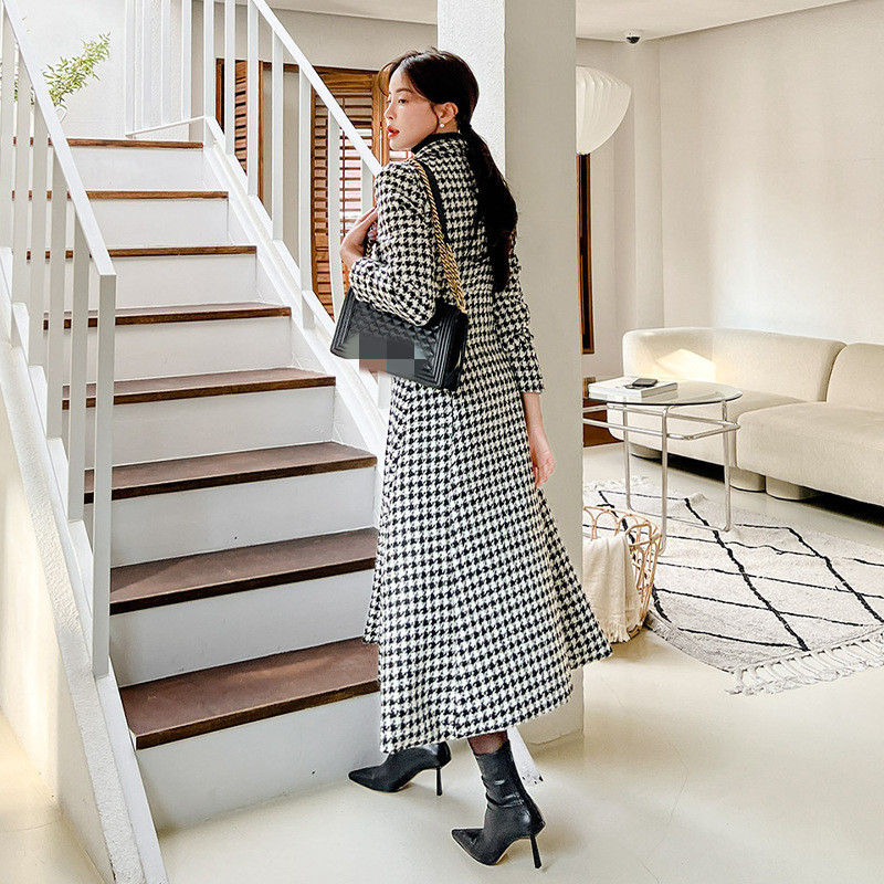 Women's Suit Collar Double-breasted Waist Slim-fit Houndstooth Woolen Coat — изображение 6