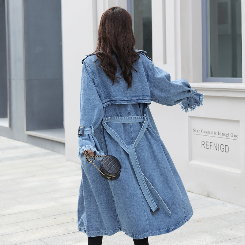 Loose Mid-length Coat With Belt Double Breasted Denim Women's Windbreaker - Image 2