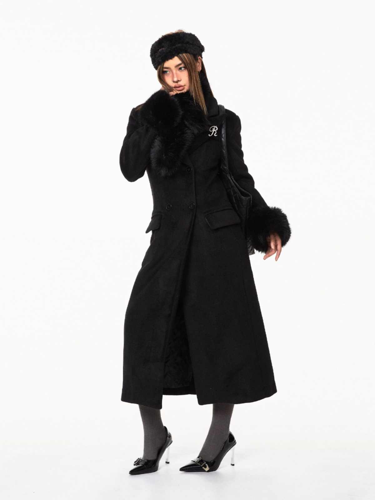 Waist-tight Woolen Fur Collar Quilted Long Overcoat Outerwear - Image 6