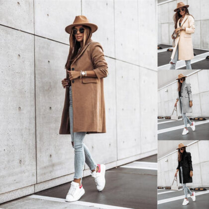Autumn And Winter Simplicity Long Sleeve Button Woolen Coat