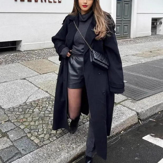 Loose Double Buckle Lapel Long Overcoat Outerwear — изображение 5