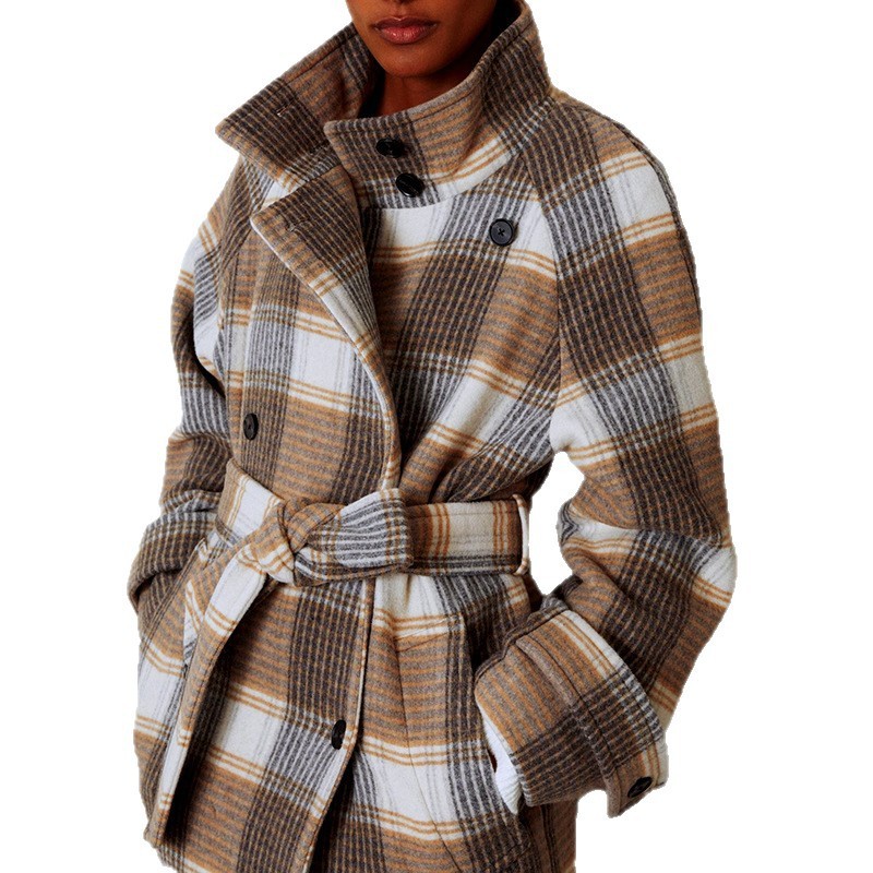Women's Contrast Color Plaid Coat Waist-tied Coat - Image 5