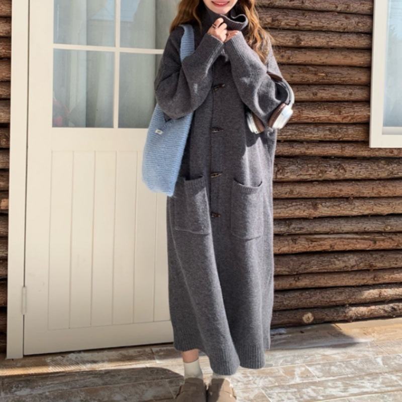 Horn Button Sweater Cardigan Women's Mid-length Turn-down Collar Coat - Image 2