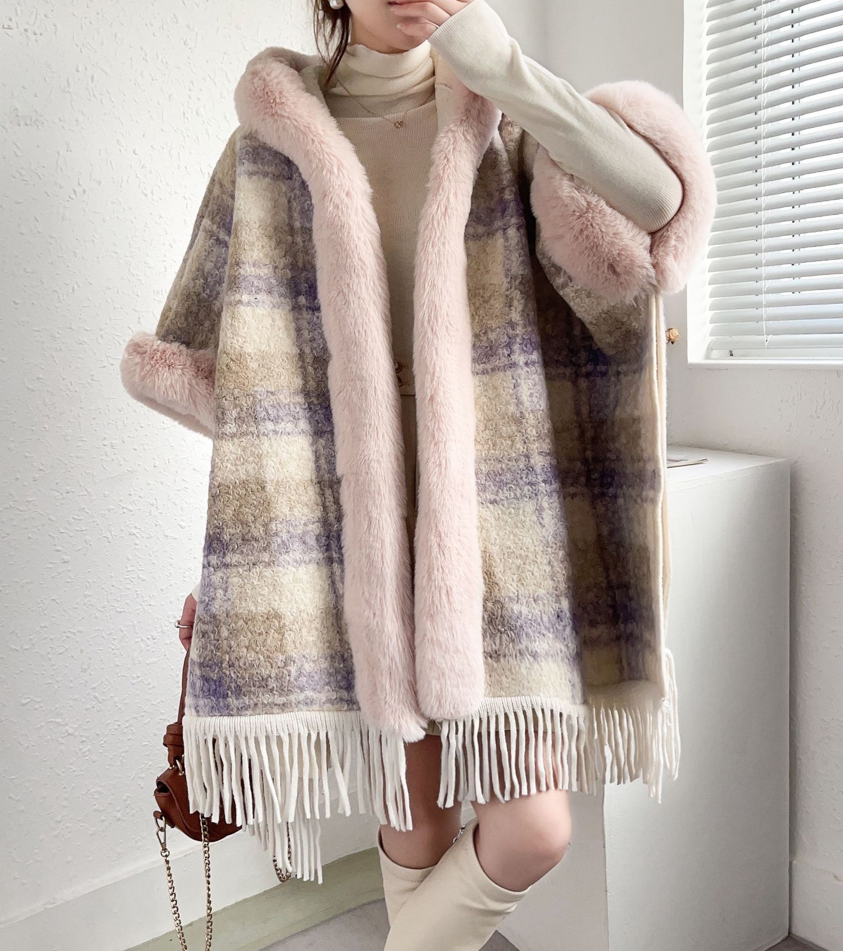 Women's Fleece Lined Padded Warm Keeping Mid-length Tassel Cape And Shawl - Image 10