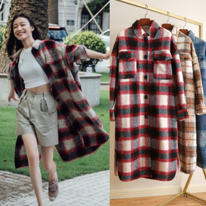 Loose Plaid Profile Wool Coat Mid-length Women