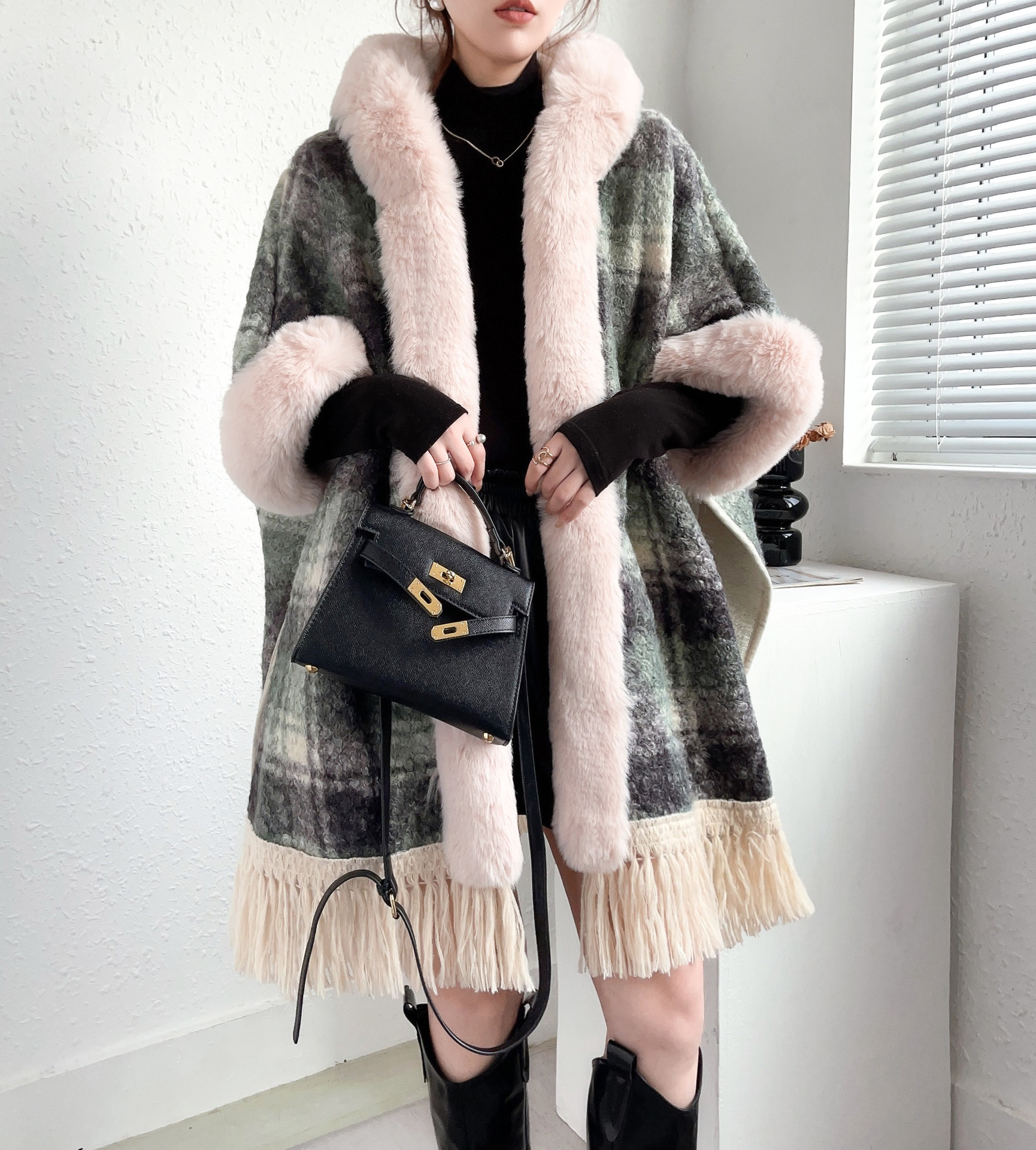 Women's Fleece Lined Padded Warm Keeping Mid-length Tassel Cape And Shawl - Image 7