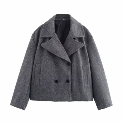 Gray Suit Woolen Jacket Women's Loose Double-breasted Short Coat